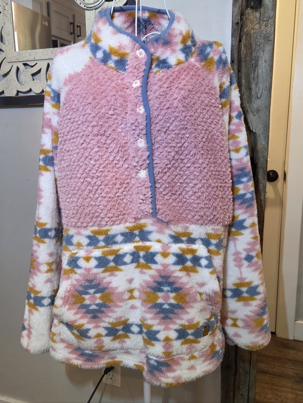 Simply Southern Pink Sherpa Pullover with Multicolor Aztec Print - Picture 8 of 8